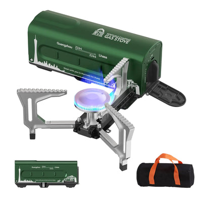 INFOOD Portable Camping Stove Folding Camp Stove Butane with green metal body, foldable support arms, blue flame burner, and black carrying bag. Ideal for outdoor cooking, hiking, and RV trips.