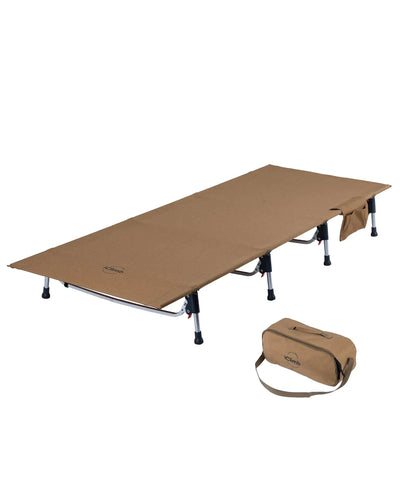 iClimb Super Easy Assemble Folding Cot in brown with ultralight frame, compact design, and carry bag for adult camping and backpacking use.