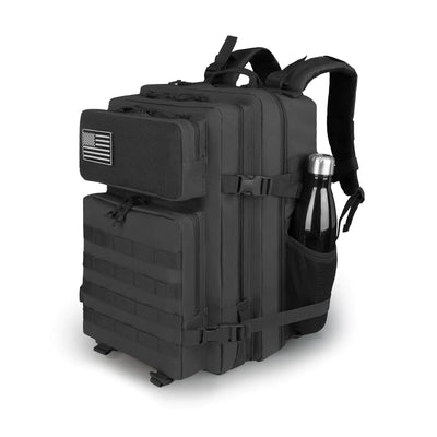 TBNBO 35L Black Military Tactical Backpack for Men with Molle system, side bottle holder, and multiple compartments for laptop, gym, or hiking use.