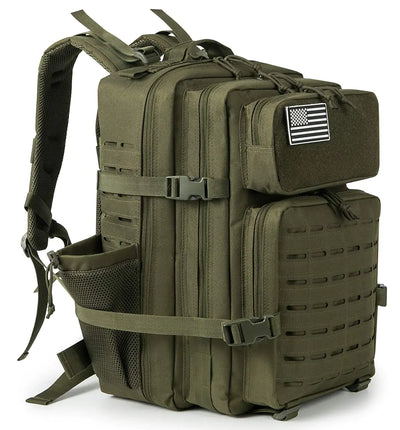 QT&QY 45L military tactical backpack for men in army green with MOLLE system, multiple compartments, and bottle holder for camping and hiking gear.