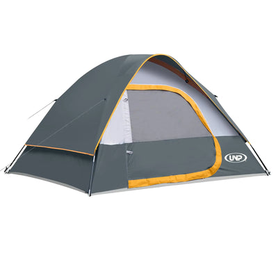 Camping Tent 4 Person Waterproof Windproof Tent with Rainfly Easy setup in gray, featuring a dome design and durable weather-resistant materials.