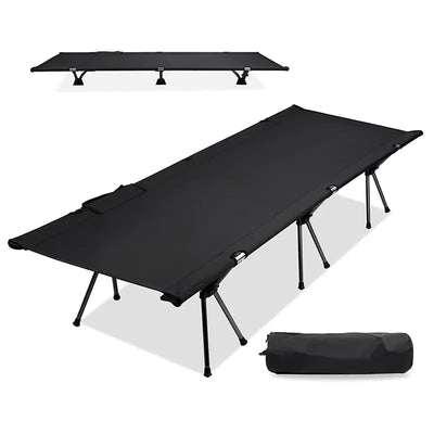 Portable Aluminium Folding Camping Bed for Outdoor Use special with black fabric and collapsible frame, includes carry bag for easy transport.