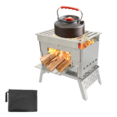 Docybuty Portable Camping Stove Wood Burning Stoves Folding Stainless with firewood and kettle on top, ideal for backpacking and outdoor cooking.