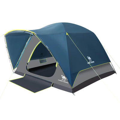 CAMEL CROWN Tents for Camping 3/4/5/6 Person Waterproof features a spacious skydome design with attached porch and floor mat, ideal for family hiking trips. Durable polyester taffeta fabric ensures wear resistance and weather protection.