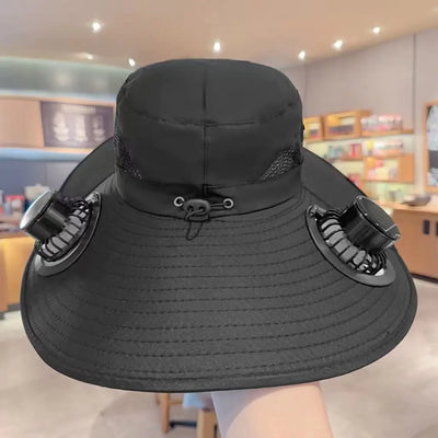 Solar Powered Fan Hat with dual solar-powered rechargeable fans on wide brim, ideal for UV protection and cooling during outdoor hiking.
