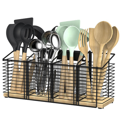 LOTEYIKE Large Kitchen Utensil Holder with 4 Compartments Black features a metal wire frame and wooden base, organizing spatulas, spoons, and ladles. Ideal for farmhouse kitchens, this utensil crock caddy keeps cooking tools neatly separated.