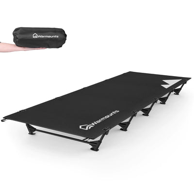 WARMOUNTS Ultralight Compact Camping Cot in Oxford Black with 5 stabilizers, shown fully assembled and folded in compact storage bag.