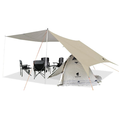 GEERTOP Portable Backpacking Tent Tarp 17 x 10 ft set up as a large hammock rain fly shelter over a tent and camping chairs. Ideal for outdoor travel.