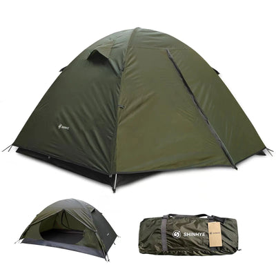 Green 2-person Backpacking Tent for Camping by ShinHye, featuring waterproof ultralight design with two doors and quick setup for outdoor hiking.