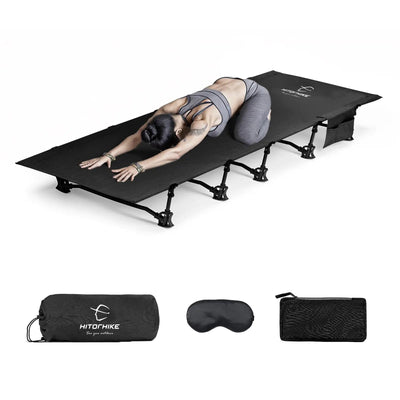 HITORHIKE Camping Cot Compact Folding Cot Bed in black with woman demonstrating comfort and flexibility. Includes carry bag, eye mask, and pouch.