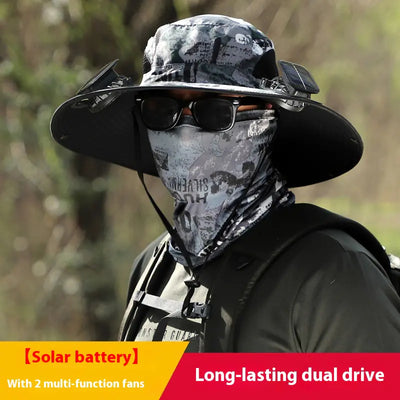 Solar Fan Rechargeable Brim Hat featuring a built-in solar panel and dual fans for outdoor cooling. Waterproof, sunshade, and windproof design.