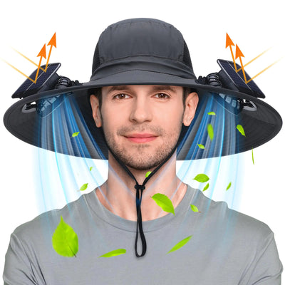 Berlune Men Sun Hat with 2 solar fans and wide brim in dark gray, ideal for outdoor summer activities like camping and beach with USB & solar power.