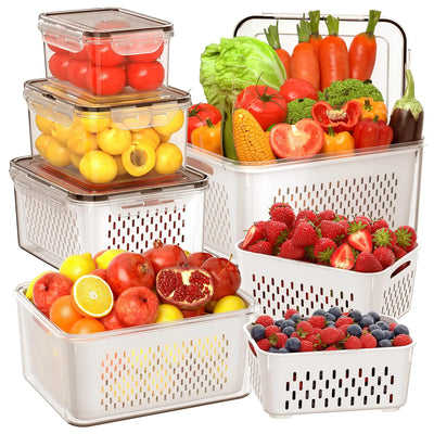 5 PCS Large Fruit Storage Containers for Fridge with Removable Colanders and Airtight Lids, ideal for keeping fruits, vegetables, and meat fresh.