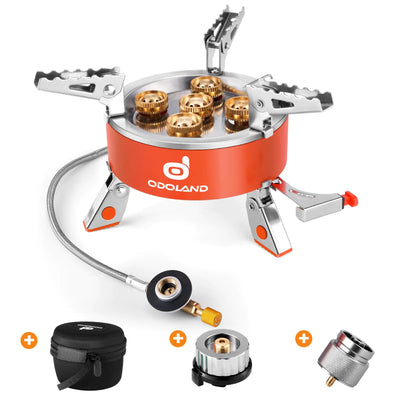 Odoland 9000W Portable Camping Stove with collapsible legs and burner heads, includes EVA carrying case and gas adapter for outdoor cooking.
