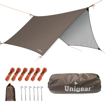 Unigear Hexagon Hammock Rain Fly 15x14FT brown tarp with ropes, stakes, and carry bag, ideal for waterproof camping and backpacking shelter.