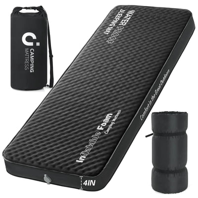 Self Inflating Sleeping Pad 4in Ultra-Thick Foam Camping Mattress in black with waterproof design, shown fully inflated and rolled for travel.