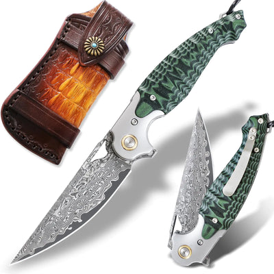 Damascus Steel Folding Knife 3.6" with VG10 core, green G10 anti-slip handle, and cowhide sheath, ideal for EDC, camping, and tactical use.