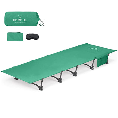 HOMFUL Ultralight Camping Cot in green with foldable aluminum frame, compact carry bag, and accessories for outdoor travel and hiking.